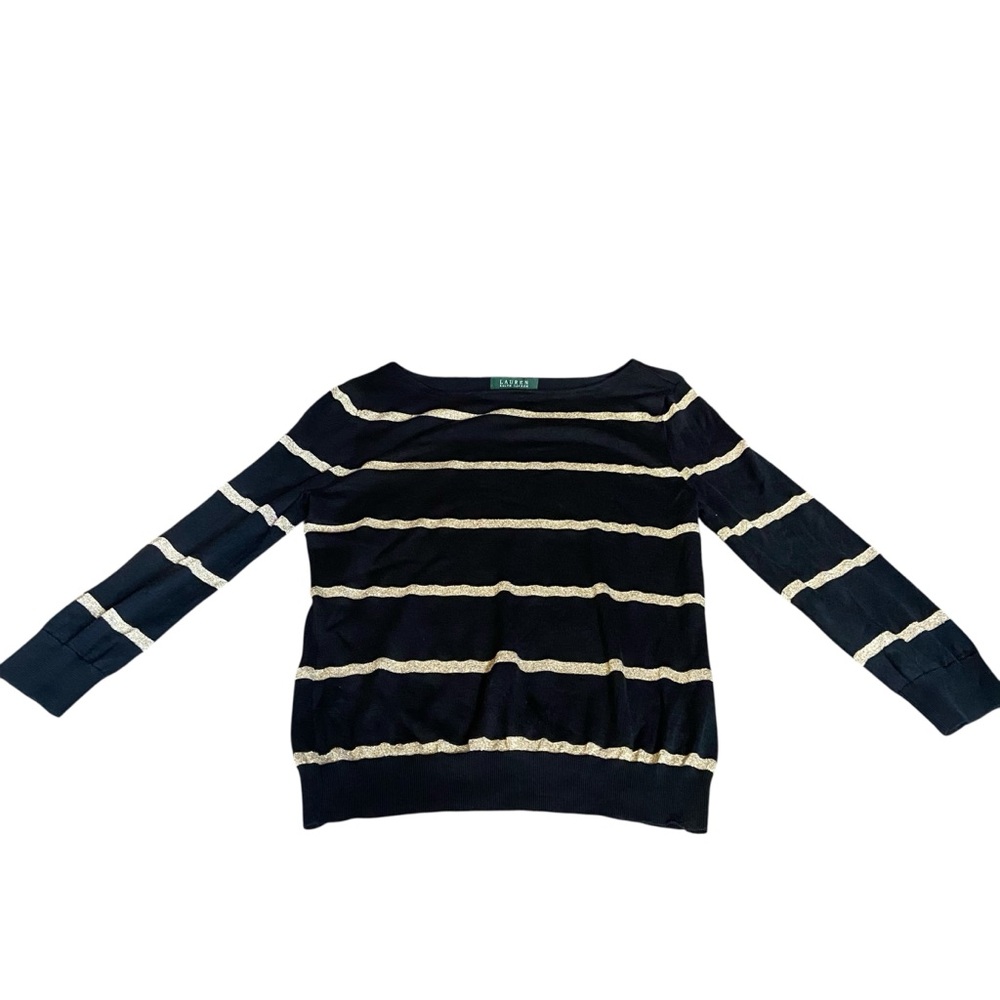Ralph Lauren Black & Gold Striped Sweater Glitter Accents Women’s M Medium Silk